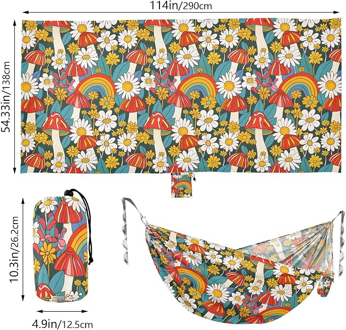 Camping Hammock Outdoor Hammocks for Outside Flowers Mushrooms Rainbows Beach Trees Portable Lightweight with Pockets Tree Straps Indoor