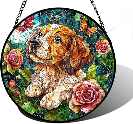 DASTOLL Stained Glass Window Hanging, Dog and Rose Suncatcher for Doors Home Butterfly Sun Catchers Decoration and Christmas, Mother's Day Birthday Gifts for Women, Men, and Mom 11.8x11.8 in