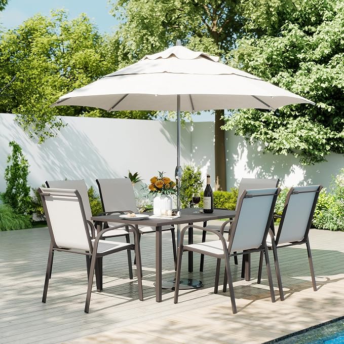 HAPPATIO Outdoor Patio Dining Set, 6 Quick Dry Textilene Dining Chairs and Dining Table with Umbrella Hole, Stackable Textilene Chairs for Garden, Patio and Poolside Backyard, Grey