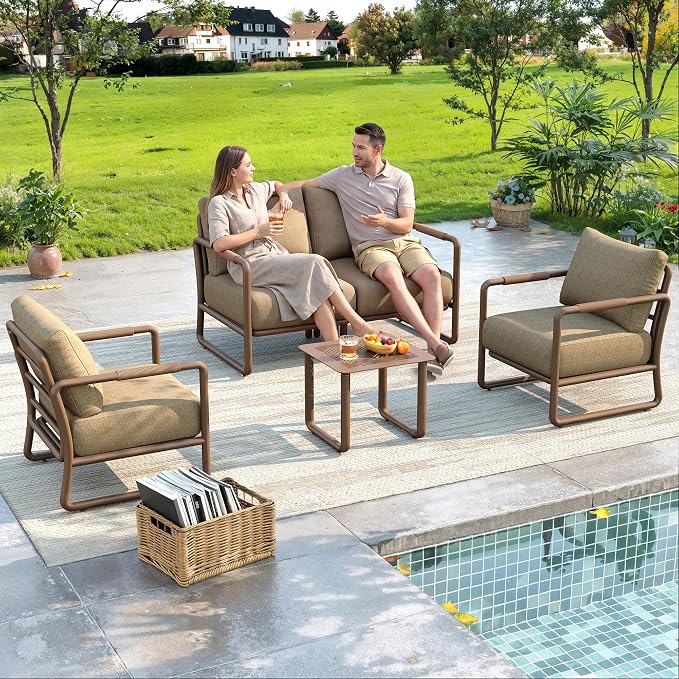 4-Piece Outdoor Aluminum Patio Sofa Set with Coffee Table, Deep Seating Conversation Set with 6.5" Cushions, Modern All-Weather Furniture for Garden, Balcony, Poolside, Brown