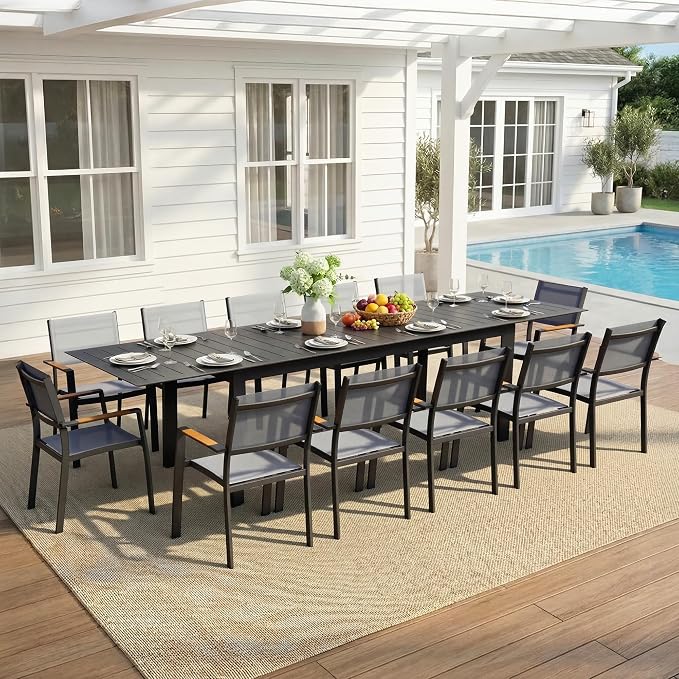 Wisteria Lane Aluminum Outdoor Patio Table and Chairs Set with 121" L-81 L Expandable Dining Table, 13-Pieces Outdoor Dining Set for 12, Patio Furniture Set with Stackable Quick Drying Chairs, Grey