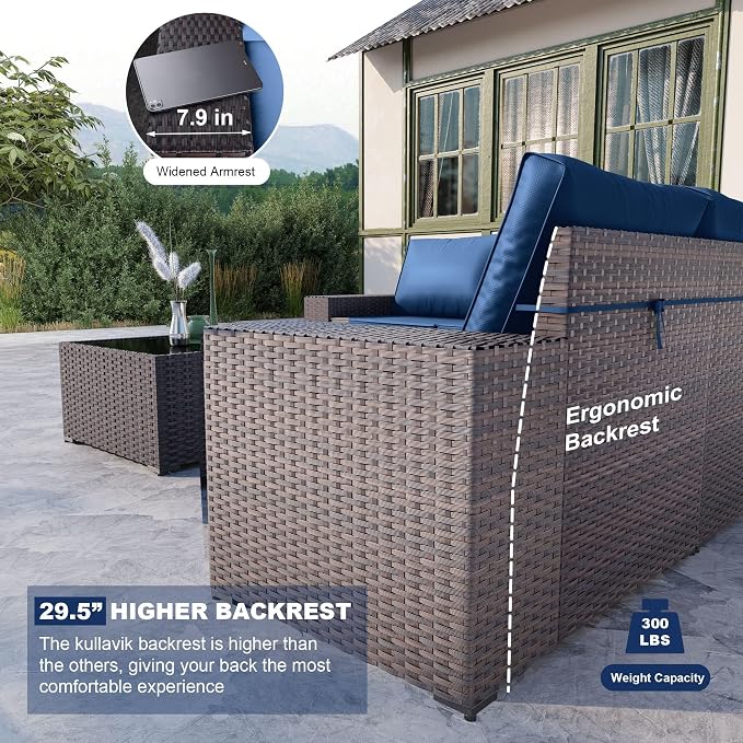 Kullavik 6PCS Outdoor Patio Furniture Set PE Wicker Rattan Sectional Sofa Patio Conversation Sets,Navy Blue