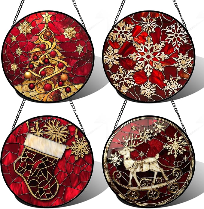 DASTOLL Stained Glass Window Hanging 4 Pcs Set Red Christmas Elk Snowflakes Large 15" - Deer Suncatcher Door Garden Sun Catcher Decor Birthday for Mom Woman Nana Men Friend