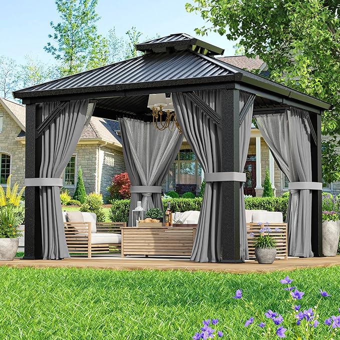 10'x10' Outdoor Gazebo Hardtop Grill Gazebo Aluminum Galvanized Steel Double Roof Outdoor Pergola Include Curtain and Netting for Backyard, Patio, Lawn