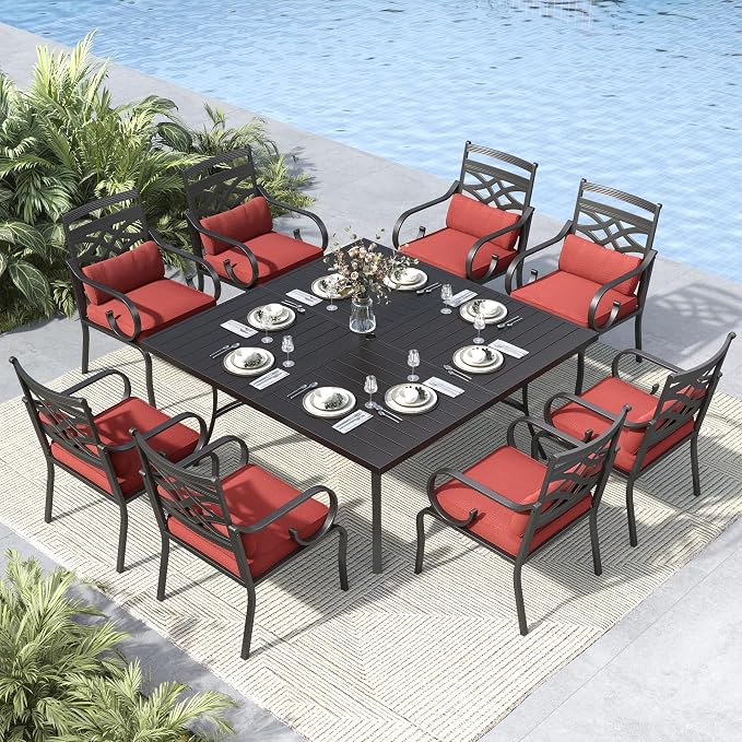 MFSTUDIO 9-Piece Patio Dining Set, 57.5" Square Metal Table, Fixed Chairs | Umbrella Hole, Red