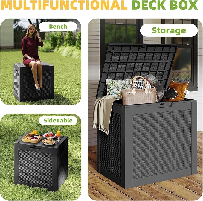 31 Gallon Waterproof Resin Deck Box, UV Resistant Outdoor Storage for Garden, Patio, Porch, Delivery（Black，31 Gallon）