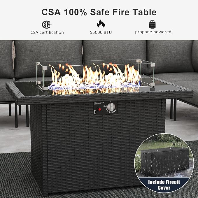 LayinSun 5 Pieces Aluminum Patio Furniture Set, Modern Modular Sectional Sofa with Fire Pit Table and Upgrade Thickness Cushion