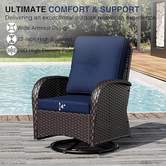 Joyside Outdoor Swivel Rocker Chairs, 3 Piece Wicker Patio Set with Thickened Cushions, High Back, Deep Seating, Wide Armrest, Outdoor Swivel Chairs for Porch, Deck