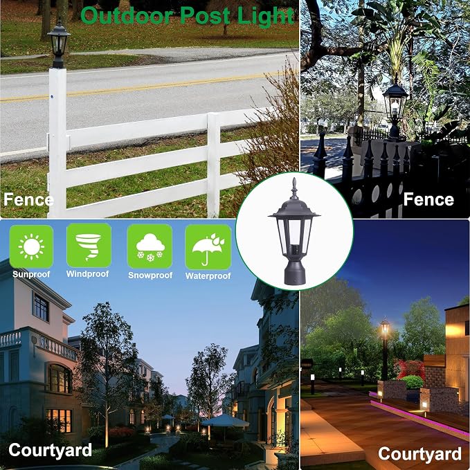 Outdoor Post Light, Rustproof Aluminum Pole Lamp, Black | Exterior Lamp Post Light Fixture for Garden, Yard, Pathway, Waterproof, Glass, E26 Base, Max 60W, 1 Pack