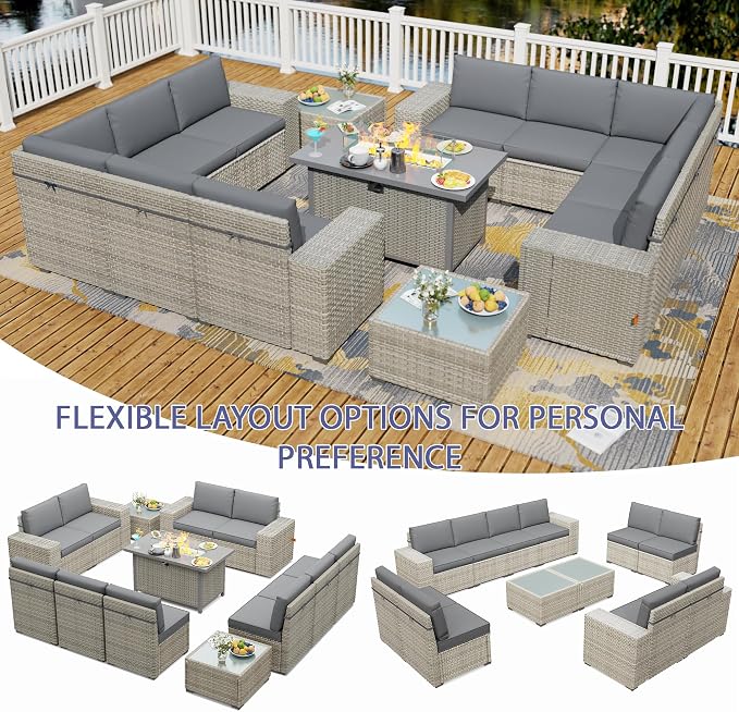 13 Piece Patio Furniture Set with 50,000 BTU Rattan Fire Pit Table that Converts to Coffee Table, 9.8" Wide Arm Sectional Sofa with Storage Armrests, Outdoor Rattan Conversation Set, Grey