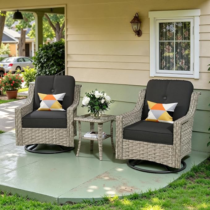 3 Piece Patio Furniture Set, Outdoor High Back Swivel Rocker Chairs Set of 2 with Side Table, All Weather Wicker Glider Chair with Thick Cushions for Backyard Balcony Porch, Black