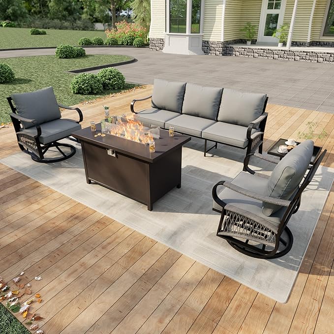 5 Pieces Patio Conversation Sets, All Weather Metal Outdoor Furniture Set 3-Seater 2 Swivel Rockers with Side Table and Fire Pit Table for Backyard Garden Deck Porch Poolside, Gray