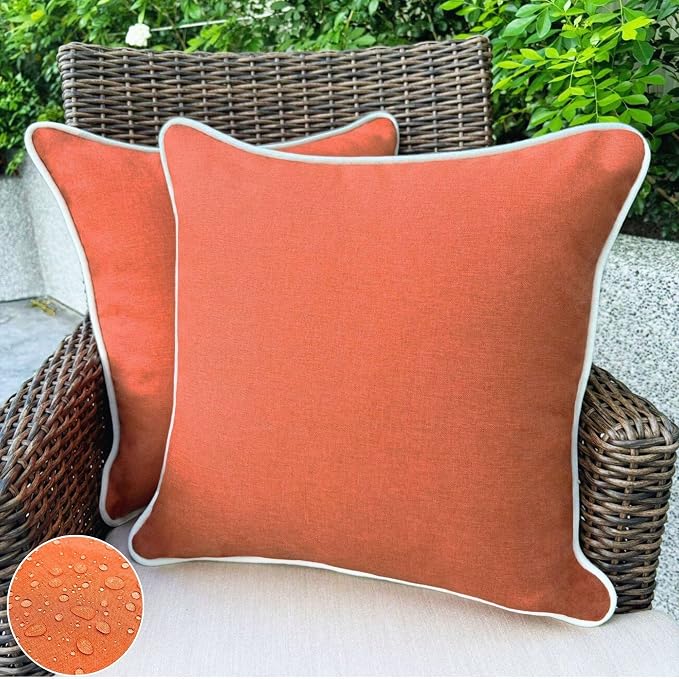 HER HWA Outdoor Throw Pillow Covers White Piping 18"x18" Set of 2, Orange | durable fade-resistant water-resistant 100% polyester white piping smooth zipper machine washable for indoor outdoor décor