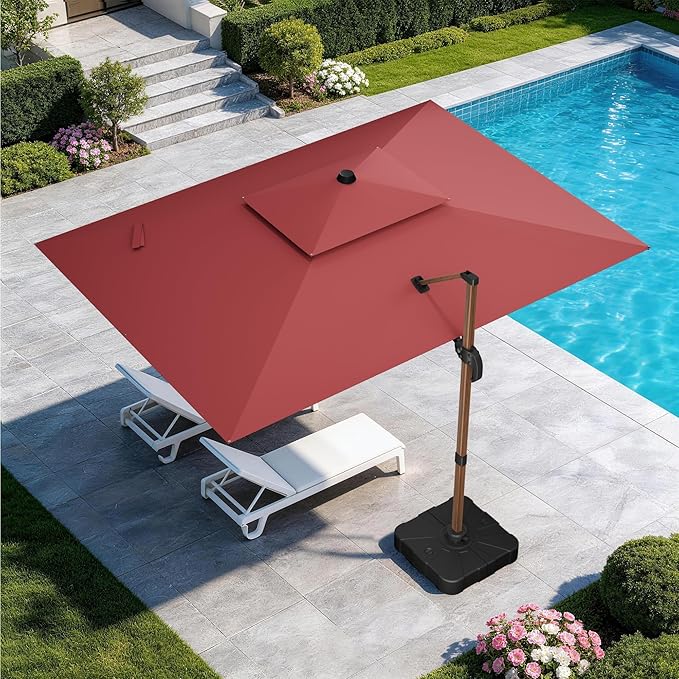 GENTEACO 10x13FT Rectangle Cantilever Patio Umbrella w/Base Included, Deluxe Wood Pattern Pole & 7 Angle Tilts, 360° Rotation, Offset Hanging Market Umbrellas for Garden Pool Patio, Red