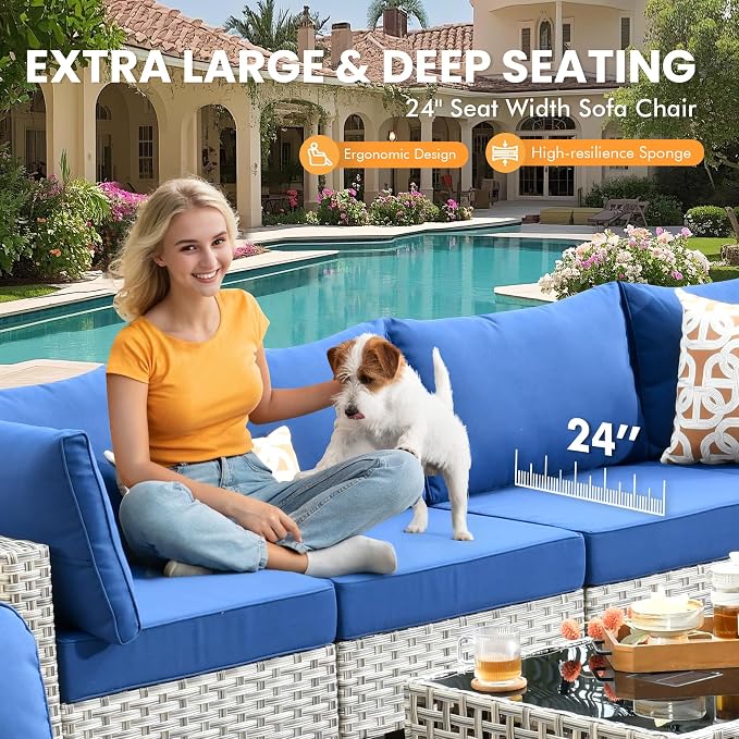 Outdoor Sectional Patio Furniture Set with Glowing Table,7 Pieces Wicker Conversation Sets L Shaped Couch Out Door Sofa Set Outside Furniture for Garden Deck Yard Porch,Navy Blue