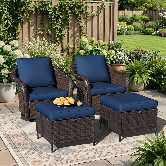 4 Piece Patio Wicker Conversation Set, 2 All-Weather Use Outdoor Wicker Swivel Chairs with 2 PE Rattan Ottomans,Ideal for Porch, Backyard, Balcony, Poolside, Blue