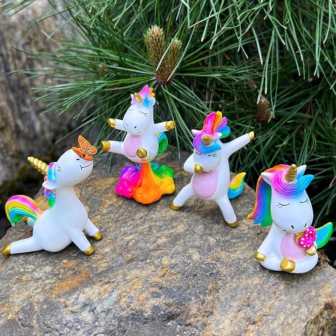 Mood Lab Fairy Garden Figurines - Yoga Unicorn Set (4 pcs) - Miniature Decorative Statues & Accessories - Outdoor & Indoor Garden Decor