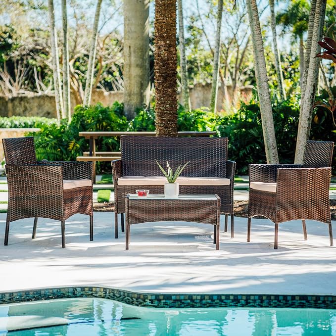 Nestl Wicker Patio Furniture - 4 Piece Set with 2 Chairs, Loveseat, Glass Top Coffee Table, Outdoor Furniture for Backyard, Pool or Porch (Brown/Beige)