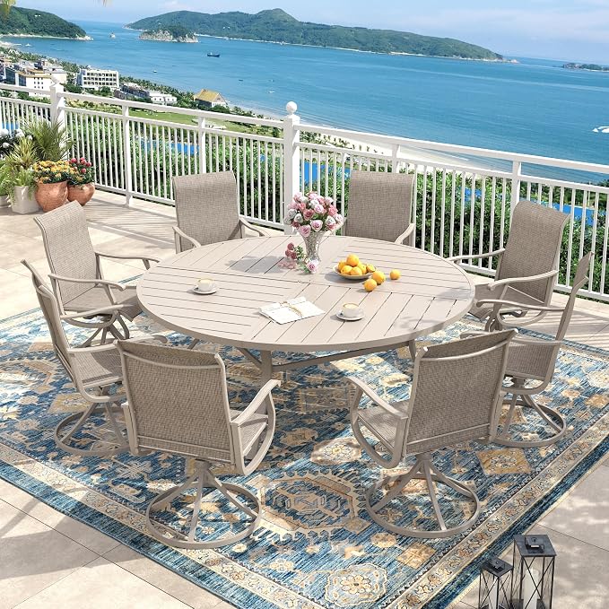 Outdoor Dining Set for 8, 63.1" Metal Round Outdoor Dining Table with Umbrella Hole and Sling Patio Swivel Chairs, 9 Pieces Patio Table and Chairs Set for Garden Backyard, Sandshell