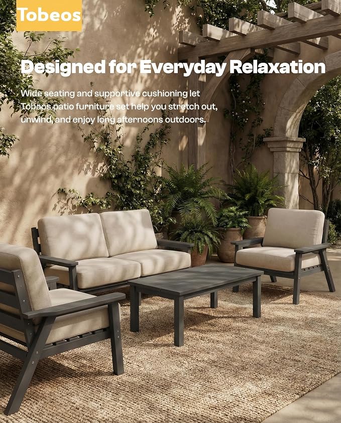 HDPE 5 Piece Patio Furniture Set, Outdoor Couch with Washable Thick Beige Cushions & Coffee Table, Outdoor Sectional Furniture for Backyard, Deck, Lawn, Porch (Gray Frame)
