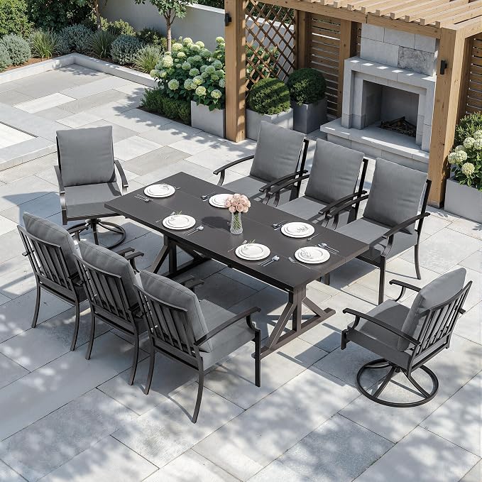 ALAULM 9-Piece Patio Dining Set,Outdoor Metal Dining Set with 2 Swivel Chairs & Rectangle Table with 1.5 Umbrella Hole, Patio Dining Table and Chairs for Backyard,Grey