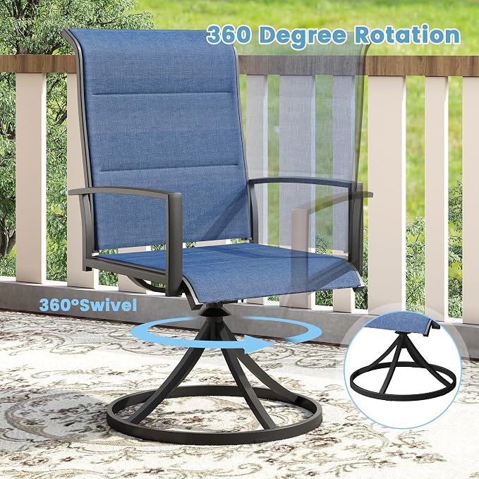 DIFY 5 Piece Outdoor Patio Dining Set for 4, 37.8" Black Square Metal Dining Table and Swivel Patio Chairs with Blue Padded Textilene, All-Weather Outdoor Furniture Set for Garden Backyard Porch