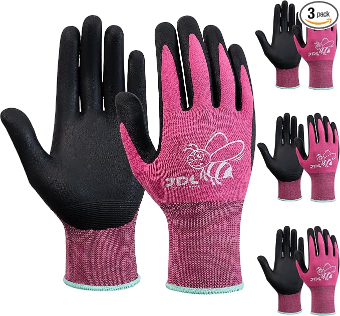 JDL 3 Pairs Nylon Nitrile Coated Gardening Gloves for Women, Touchscreen Yard Garden Gloves, Breathable Safety Work Gloves with Grip, Pink, Small