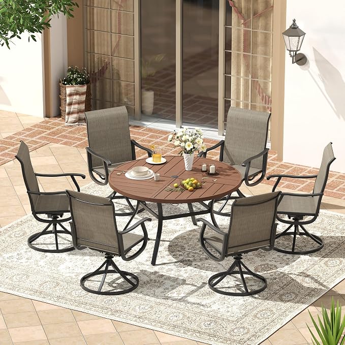 VICLLAX Patio 7 Pieces Outdoor Dining Set, 47.2" Round Metal Table with Umbrella Hole and Storage Shelf, 6 Swivel Textilene Chairs for Lawn, Garden, Porch, Walut/Brown