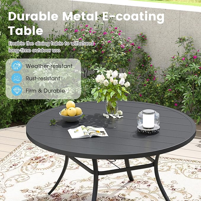 7 Pieces Patio Dining Set, 50" Round Dining Table with Umbrella Hole, 6 Stackable Textilene Fabric Chairs, Metal Structure for Patio, Porch, Garden(Black Table, Grey Chair)
