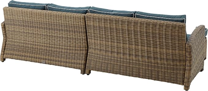 Crosley Furniture Bradenton 4-Piece Outdoor Sectional Sofa Wicker Conversation Patio Furniture Set for Deck, Brown with Navy Cushions