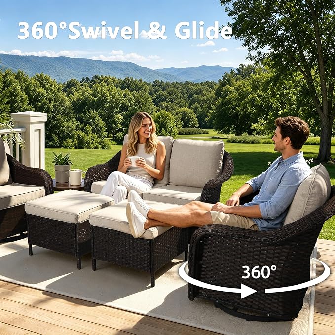 3 Piece Patio Wicker Conversation Set, All-Weather Use Outdoor Wicker Loveseat with 2 PE Rattan 360 Swivel Chair, Ideal for Porch, Backyard, Balcony, Poolside, Beige