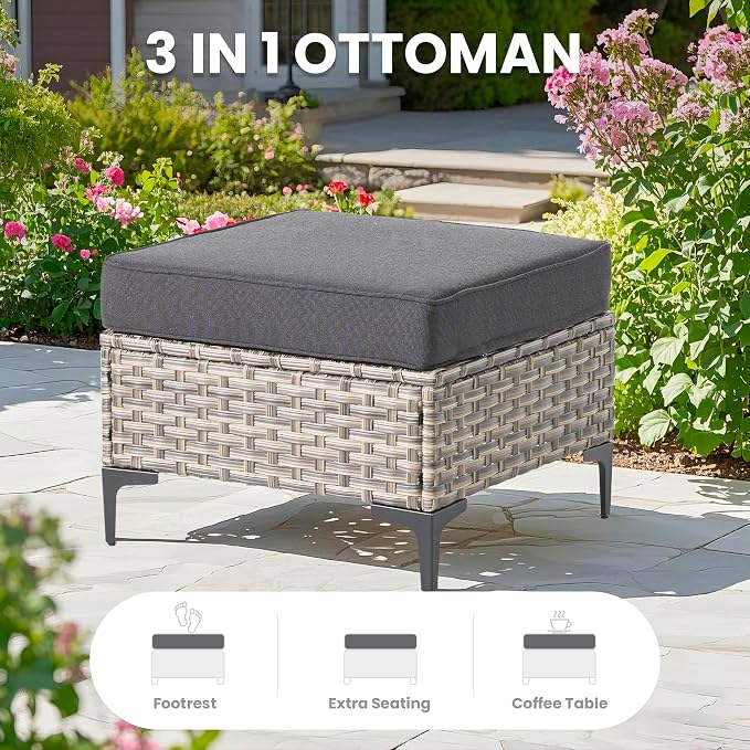 5 Pcs Patio Outdoor Furniture Set - All Weather Wicker Outdoor Sectional Sofa Couch with Coffee Table and Ottoman,Patio Modular Rattan Conversation Set for Garden Deck Yard,Black