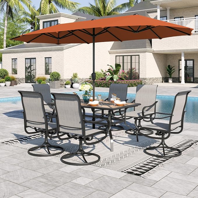 Sophia & William Patio Set with Umbrella Outdoor Dining Set for 6 with 13ft Umbrella Orange Red, 6 x Patio Chairs Grey, 1 Wood Like Outdoor Dining Table for Deck Lawn Garden (No Umbrella Base)