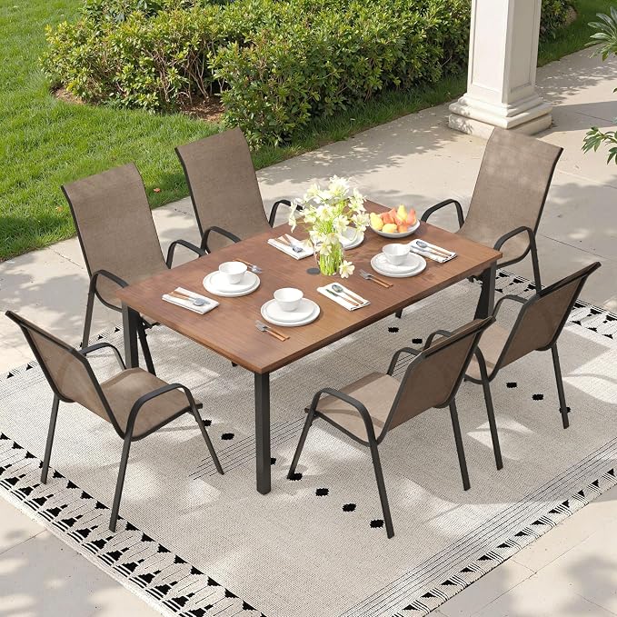 7 Pieces Outdoor Dining Set, 63" Rectangular Table with Umbrella Hole & Stackable Patio Dining Chairs, Patio Table and Chairs Set for Deck Garden Porch, Brown Chairs & Walnut Table
