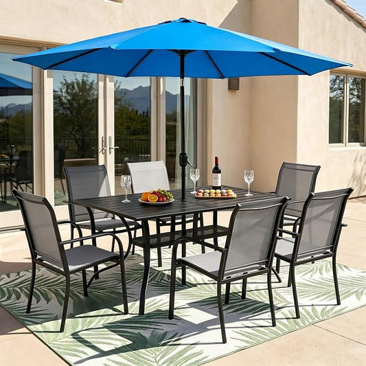 Crownland 7 Piece Patio Dining Set, Textilene Dining Sets, 6 Textilene Metal Chairs and Rectangular Outdoor Dining Table with Sky Blue 9FT Round Outdoor Umbrella (Grey)