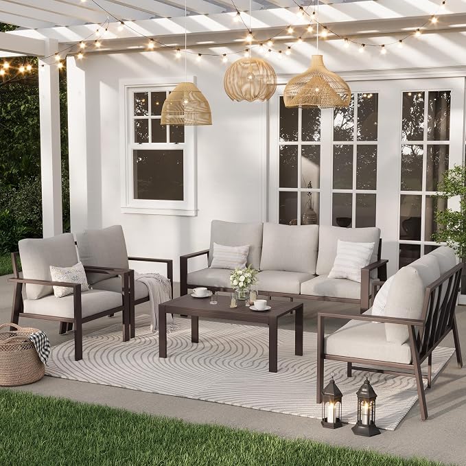 5-Piece Aluminum Patio Conversation Sets All-Weather Outdoor Furniture Sectional Sofa Modular Patio Set with 4'' Cushion Removable Covers for Porch Poolside Deck Balcony Yard