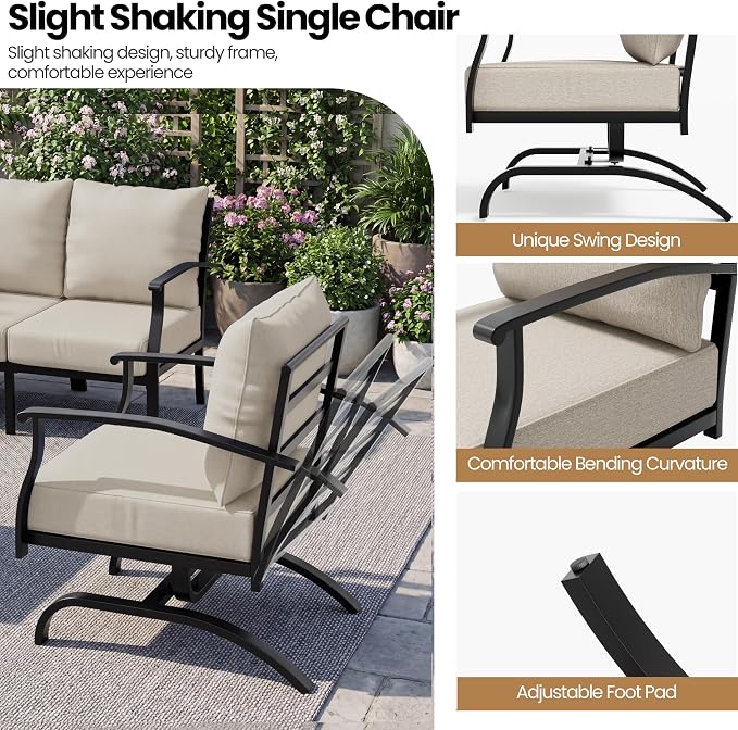 4 Piece Patio Furniture Set, Metal Outdoor Patio Furniture Set, All Weather Modern Couch Sofa with Comfortable Cushions & Coffee Table, Metal Conversation Set for Balcony, Porch, Deck (Khaki)
