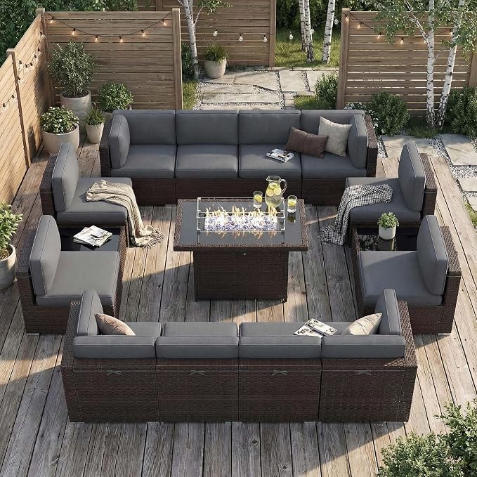 15 Pieces Patio Furniture Set with 44" Propane Gas Fire Pit Table, Outdoor Sectional Brown Rattan Wicker Conversation Sofa Sets with Coffee Table