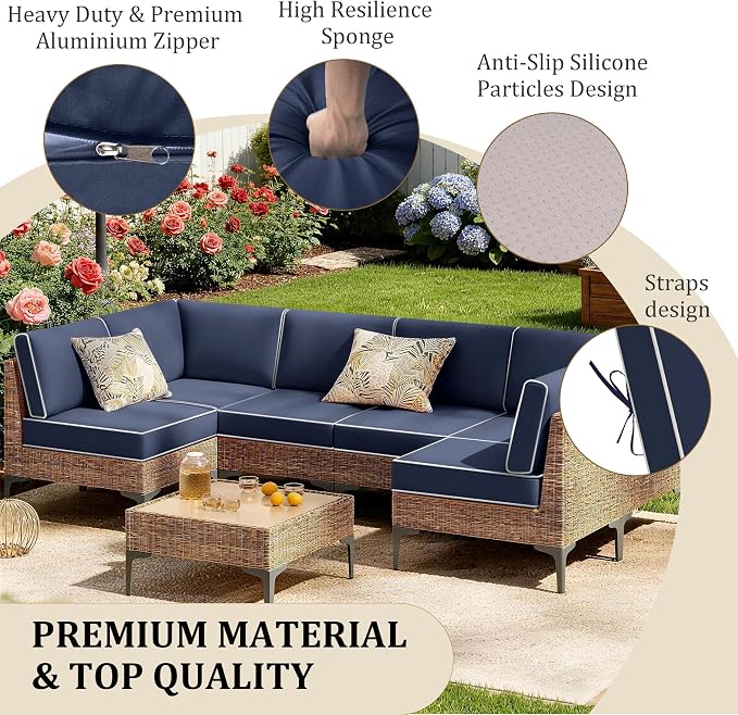 14pc Waterproof Outdoor Couch Cushions for 6Seat Patio NavyBlue+WhitePiping | Water-resistant, UV-resistant,14pc High-Density Foam Replacement Cushions for 6-Seat Outdoor Sectional Furniture