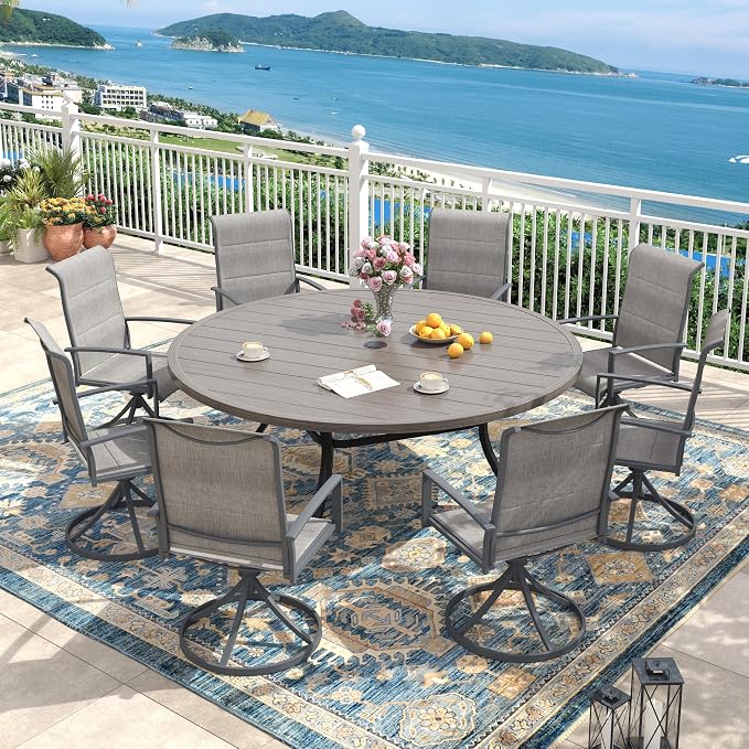 Outdoor Dining Set for 8, 63" Outdoor Dining Table with Umbrella Hole and Padded Textilene Patio Swivel Chairs, 9 Pieces Patio Table and Chairs Set for Garden Backyard, Grey