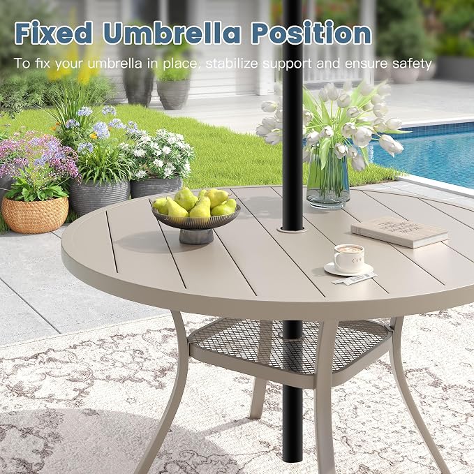 DIFY 7 Pieces Outdoor Patio Dining Set for 6, 47.2" Sandshell Round Dining Table and 6 Sandshell Stackable Sling Dining Chairs, Metal Outdoor Table and Chairs for Lawn Garden Backyard Deck