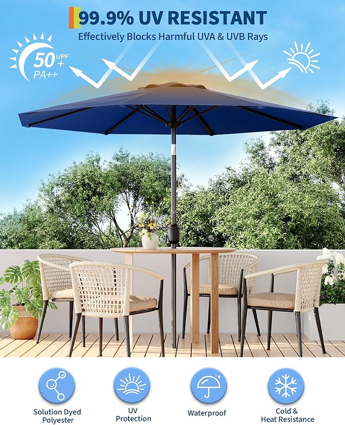 PeakPursuit 9FT Patio Umbrella Outdoor, Market Umbrella, Table Umbrella with Push Button Tilt and Crank, 8 Sturdy Ribs UV Protection Waterproof for Garden, Pool, Deck, Backyard