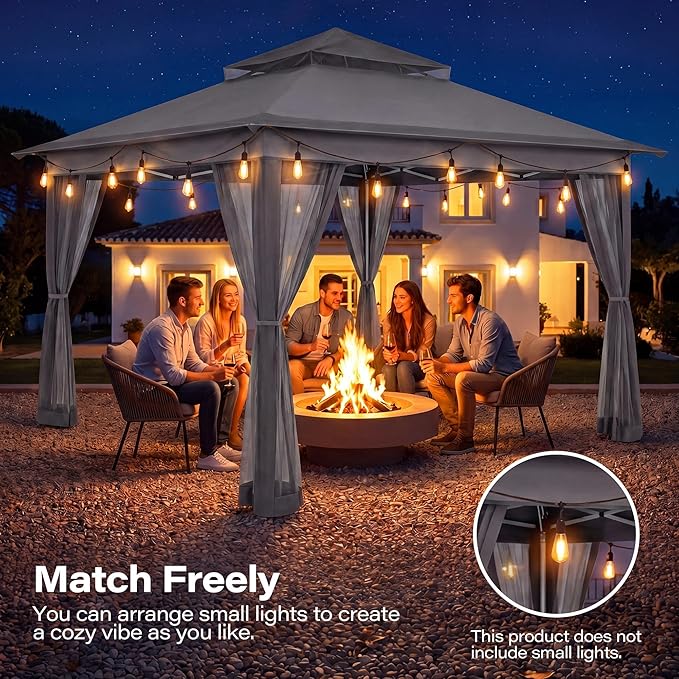 LAUSAINT HOME 12x12 Pop Up Gazebo Canopy Tent with Mosquito Netting, Instant One-Push Setup, Adjustable Height Outdoor Canopy Shelter with Carry Bag for Patio, Backyard, Camping, Parties & BBQs, Gray