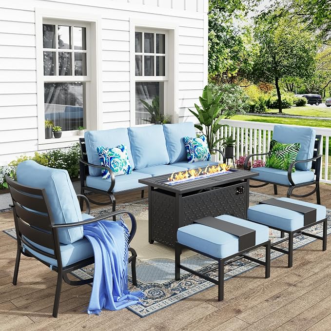 MFSTUDIO 6 Pieces Patio Furniture Sets with 45" Gas Fire Pit Table(Up to 7 Seat),Outdoor Metal Conversation Sofas with 1 x 3-Seat Sofa, 2 Sofa Chairs and 2 Ottoman,Blue Cushion