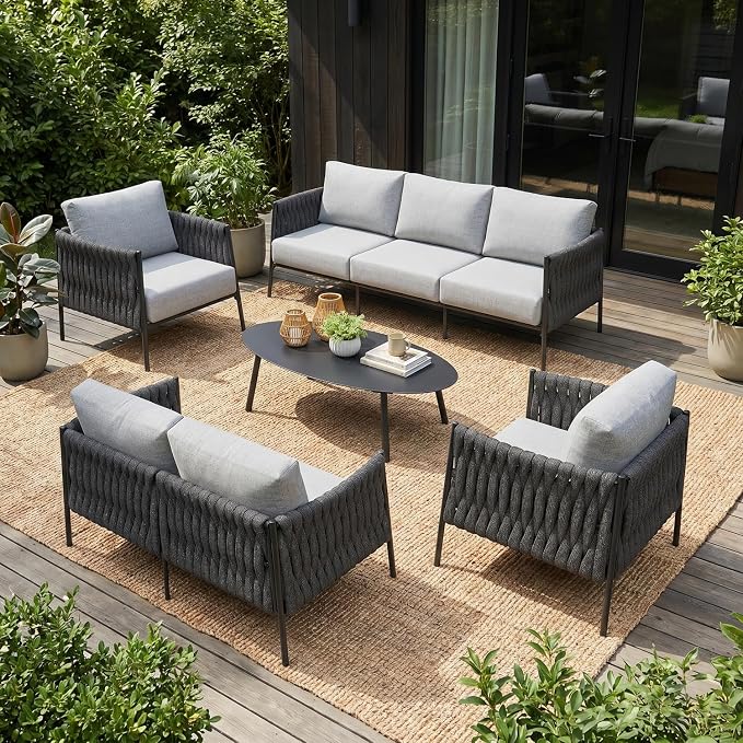 LayinSun 5 Piece Outdoor Furniture Set with Coffee Table, Modern Rope Woven Patio Conversation Sofa Set with Olefin Braid and Deep Seating