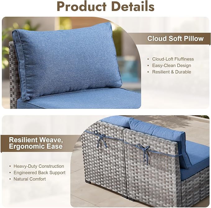 6 Pieces Patio Furniture Set,Wicker Outdoor Sectional Sofa with Coffee Table Comfy Cushions,Modern Modular Deep Seat Rattan Couch Conversation Set for Backyard Porch Yard,Denim Blue