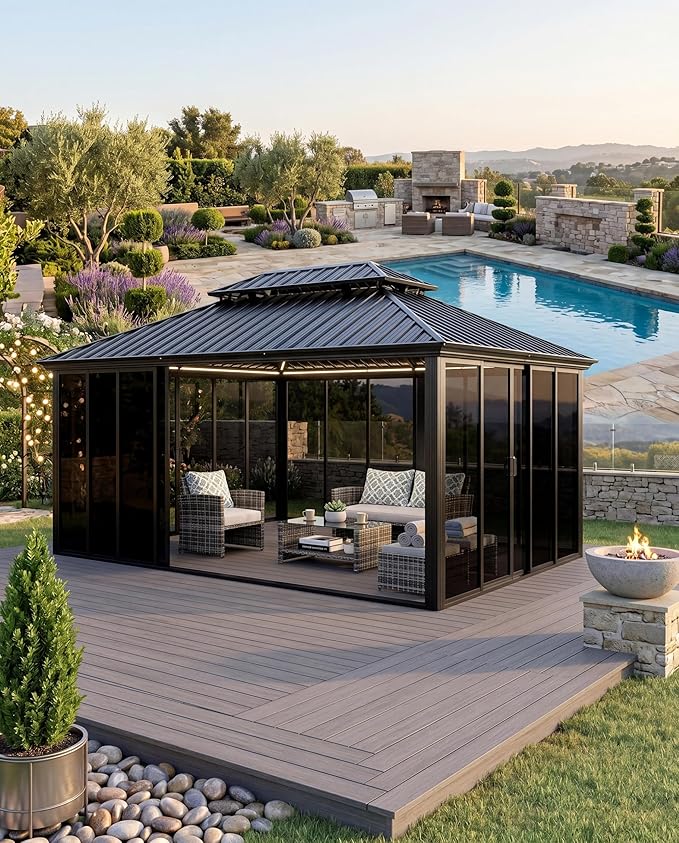 12x16 ft Hardtop Gazebo Sunroom, All-Season Outdoor Room with Aluminum Frame, Enclosed Patio Solarium with Polycarbonate Sliding Doors & Double Roof for Backyard, Deck, and Hot Tub Enclosure