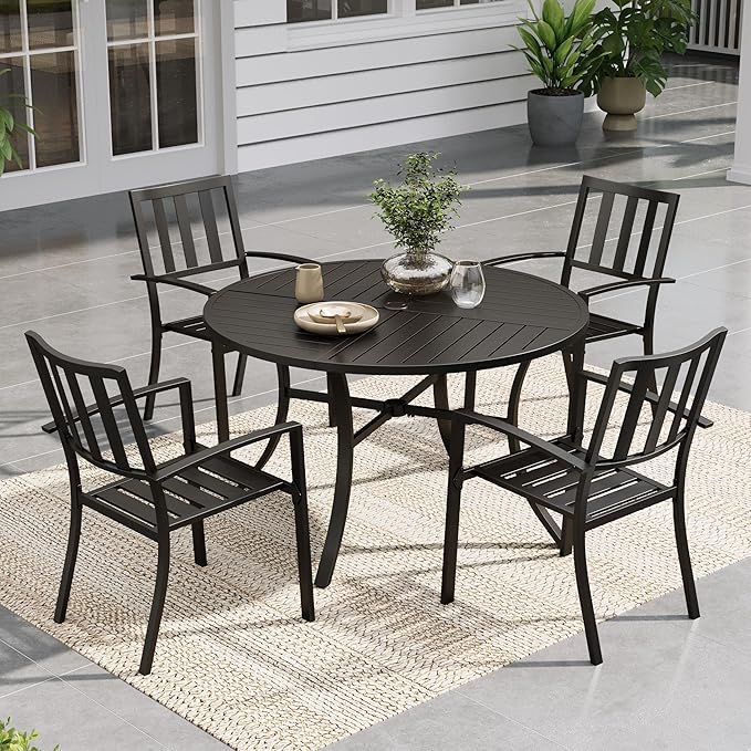 Sophia & William Round Patio Table and Chairs Set, Outdoor Dining Set for 4, 5 Piece Metal Patio Furniture, 42" Black Table(Stripe)