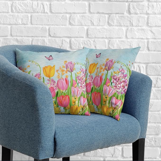 Tulip Pillow Covers 16x16 Set of 2 Spring Throw Pillow Covers Pink Yellow Tulip Floral Outdoor Pillowcase Watercolor Cotton Linen Cushion Case for Sofa Outdoor Patio