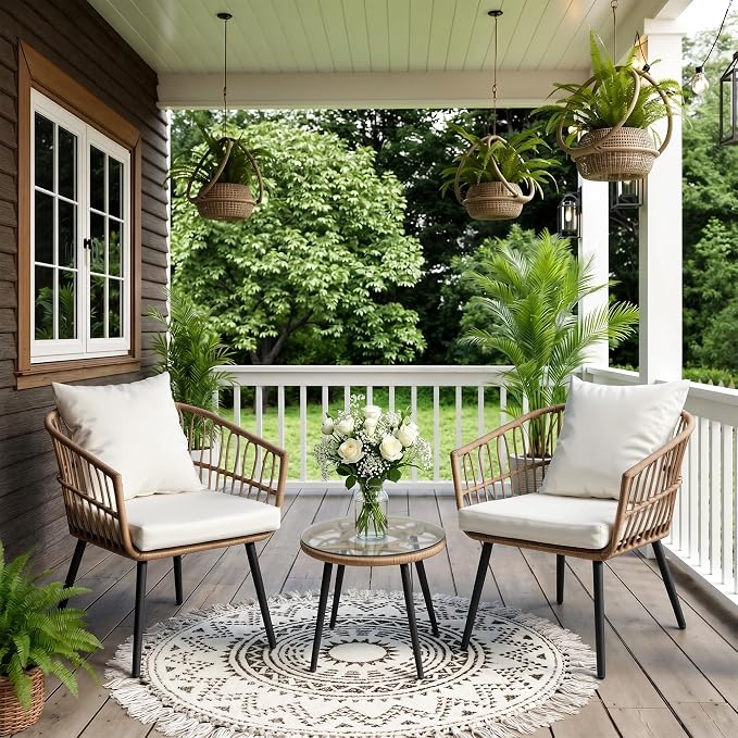 3-Piece Outdoor Patio Bistro Set, Wicker Chairs with Cushions, PE Rattan All-Weather Conversation Set with Coffee Table for Balcony, Porch, Backyard, Poolside, Garden, Deck, Khaki